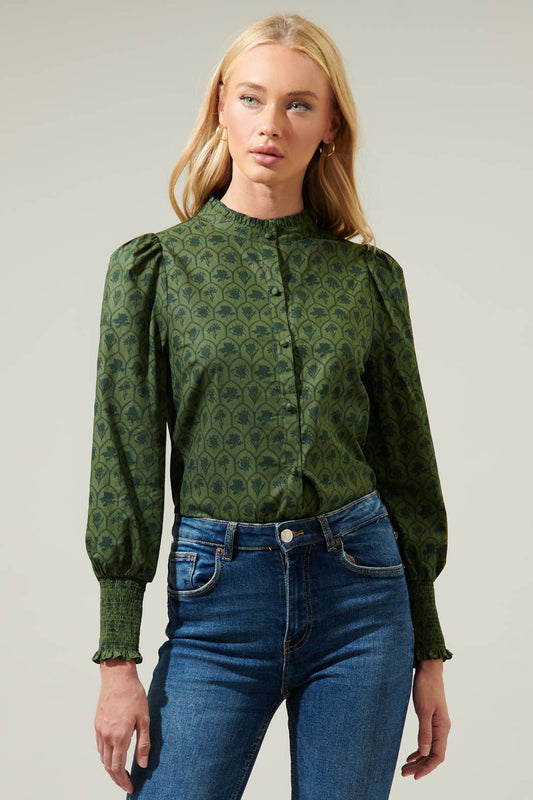 Kelly Floral Button Down Top Olive